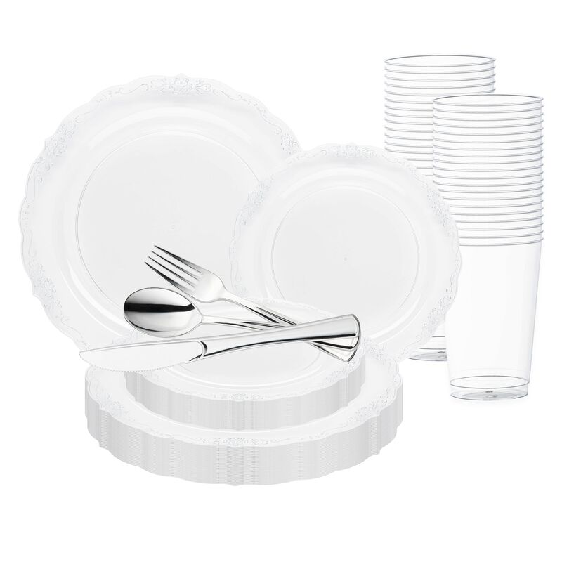 Clear with Silver Vintage Rim Round Plastic Wedding Value Set (30 Sets) image number 0