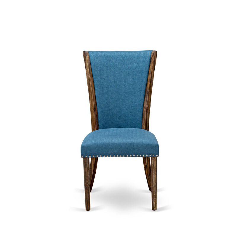 East West Furniture - Set of 2 - Upholstered Chair- Dining Chair Includes Distressed Jacobean Wood Frame with Blue Linen Fabric Seat with Nail Head and Stylish Back