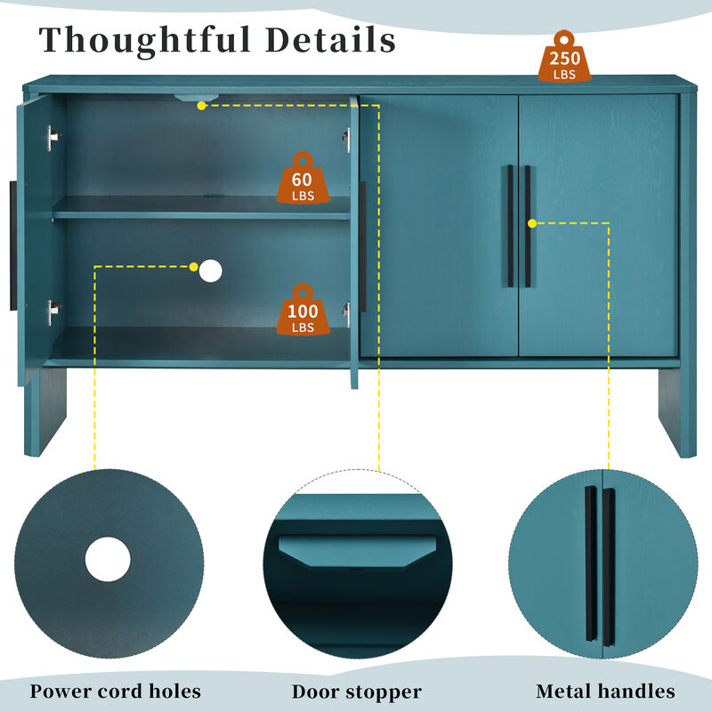 Clihome Sideboard Buffet Cabinet with Storage, Retro Sideboard Cabinet with Adjustable Shelves and Long Handles, 4-Door Wood Sideboard for Kitchen, Dining Room and Living Room (Antique Blue)