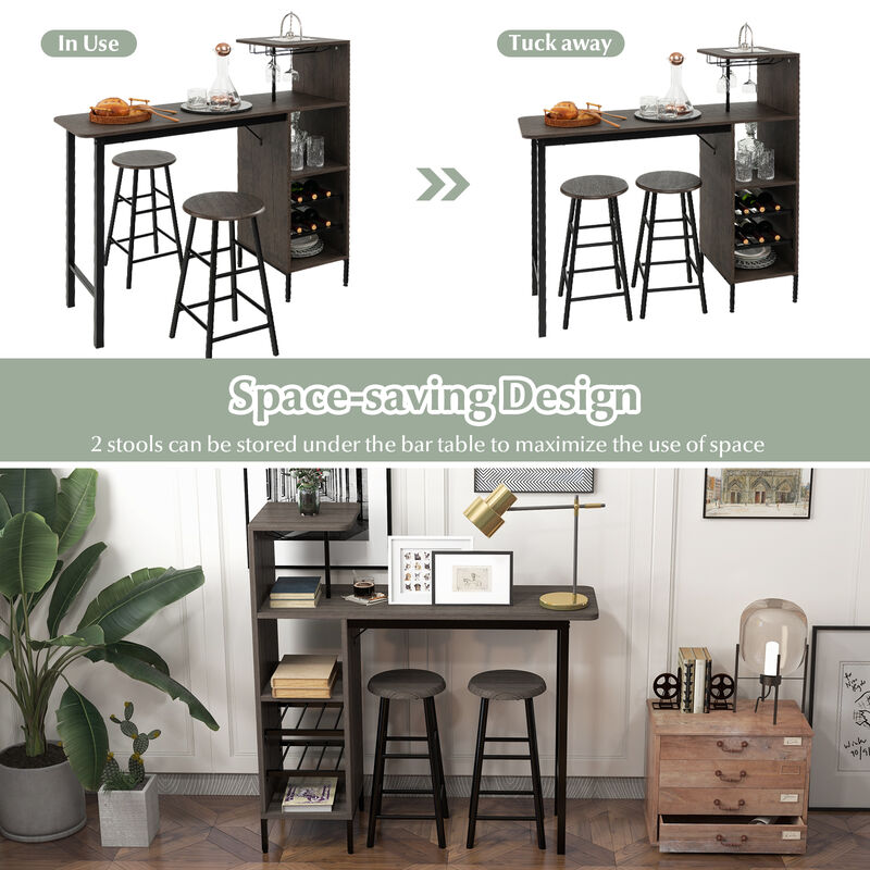 3 Piece Bar Table and Chairs Set with 6-Bottle Wine Rack-Brown