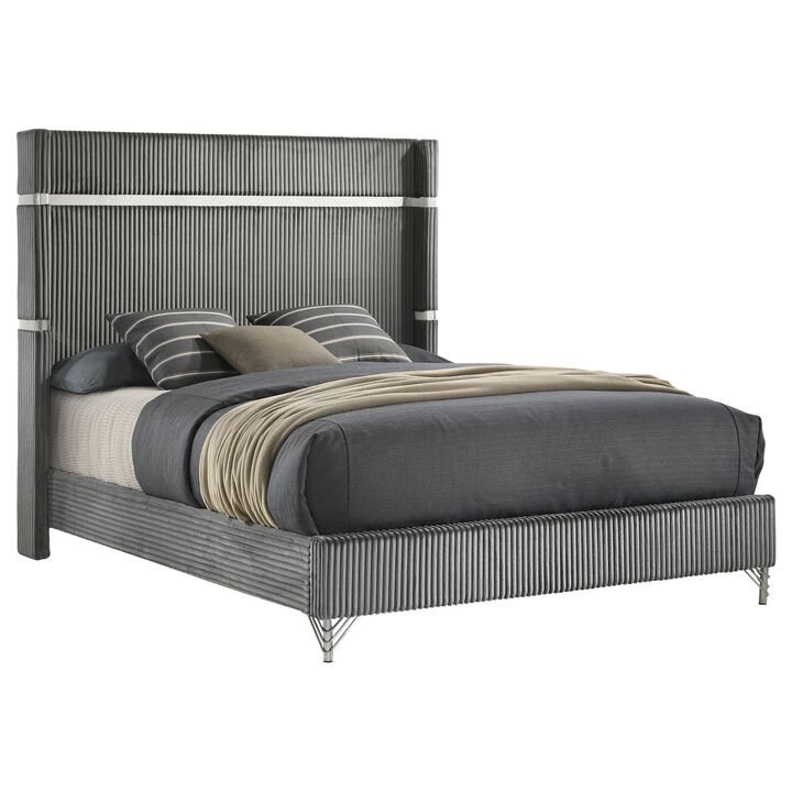 Jenny Queen Size Bed, Wingback Fluted Upholstered Headboard, Gray - Benzara