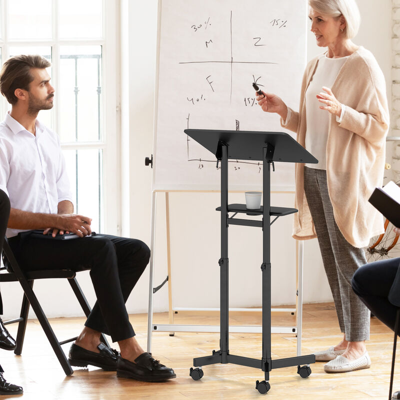 Mobile Lectern Podium Height-adjustable Rolling Laptop Cart with Tilting Top Storage Tray image number 1