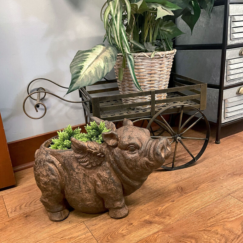 Flying Pig Planter 17" Brown, With Drain Hole, Rustic Indoor Outdoor Decor image number 5