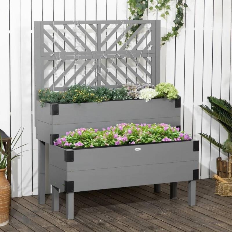 Hivvago 2 Tier Self Draining Natural Wood Raised Garden Bed Planter Box with Trellis