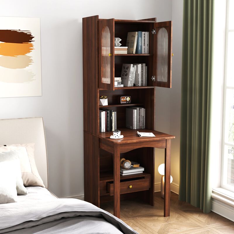 Clihome Fold-Out Convertible Writing Table,Desk Cabinet with Shelf and Drawer Multi-Function Home Office Workstation