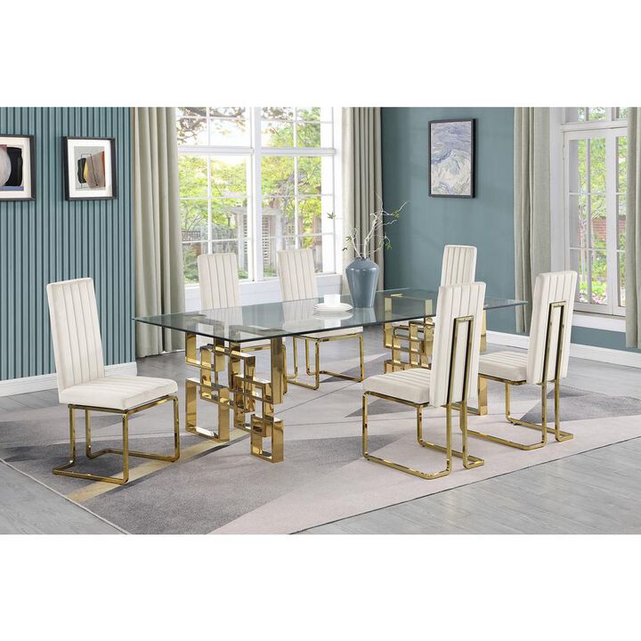 7-piece glam dining set with 6 Cream chairs and 95" glass  table
