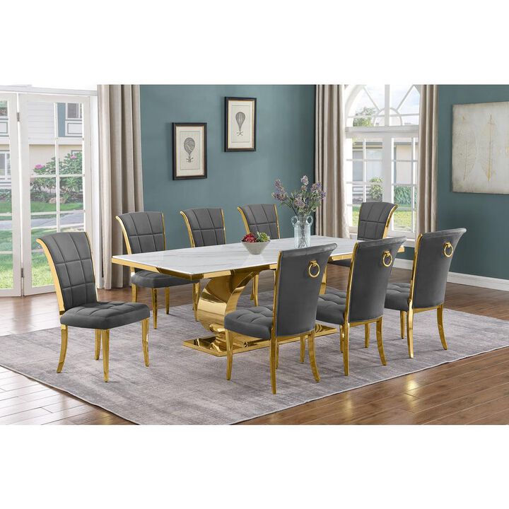 Best Quality Furniture 9pc Large(87) marble top dining set with gold base and 8 Dark grey side chairs