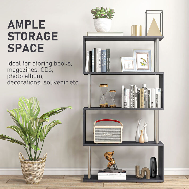 HomCom Modern S-Shaped 5 Tier Room Dividing Bookcase Wooden Storage Display Stand Shelf - Black