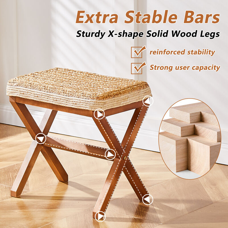 Natural Seagrass Footstool Rectangular Ottoman with Wooden X-Legs For Home Decor