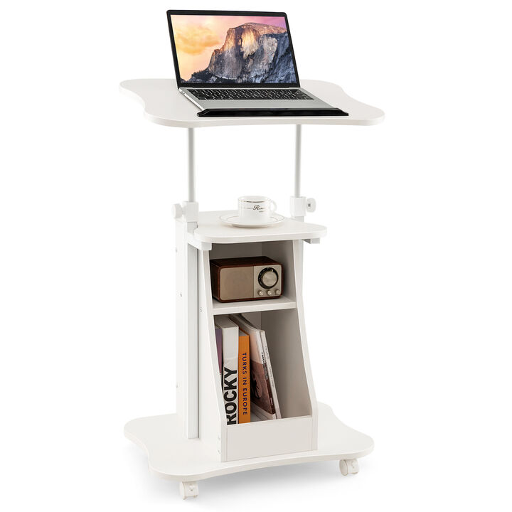 Mobile Podium Stand Height Adjustable Laptop Cart with Tilting Tabletop and Storage Compartments