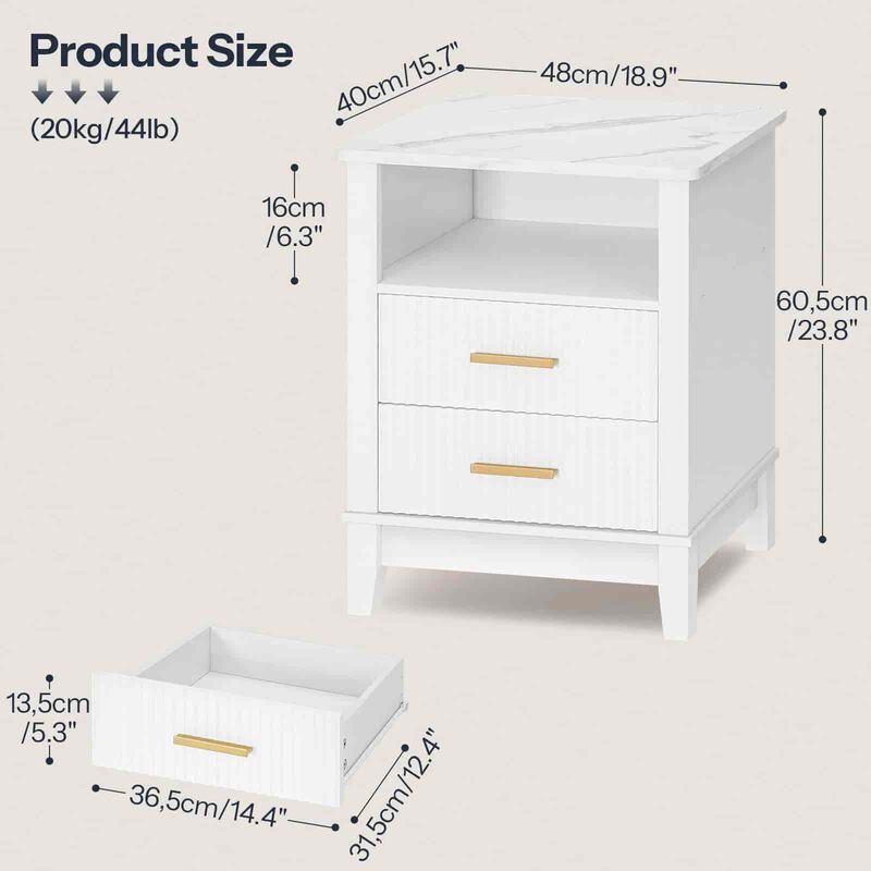 Nightstand with 2 Drawers, LED Light Strip and Storage End Table -White image number 2