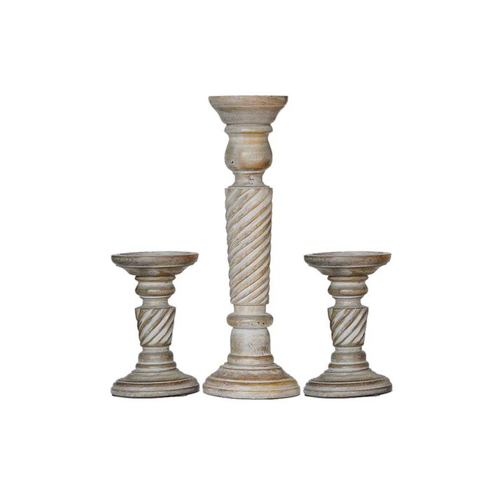 BBH Homes Traditional Gray Wash Eco-friendly Handmade Mango Wood Set Of Three 6",15" & 6" Pillar Candle Holder