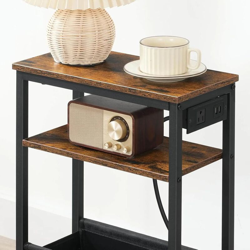 Slim Side Table with Charging Station for Bedroom and Living Room-Brown image number 4