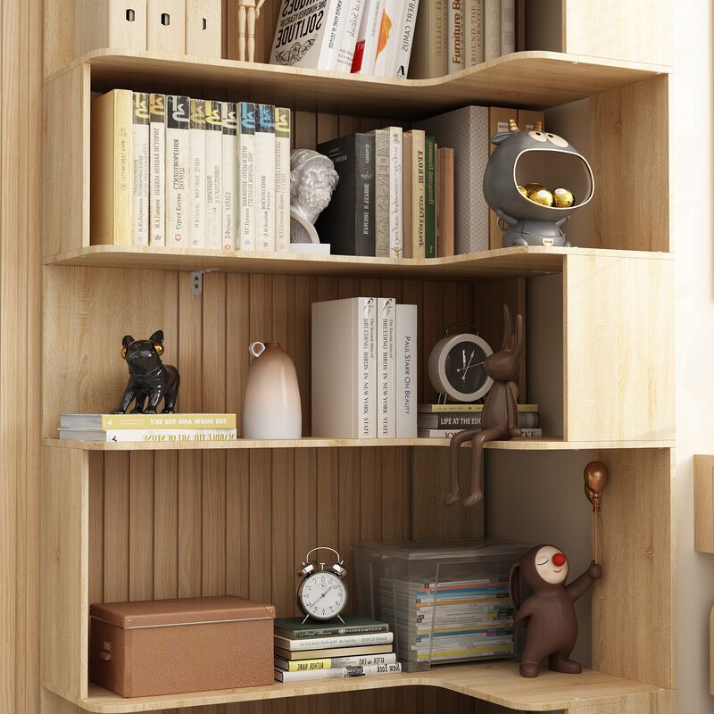 35.4 in. Wide Bright Wood Grain 7-Shelves Accent Bookcase, Open Back Bookshelf, Corner Bookcase (82 in. H x 23.6 in. D)