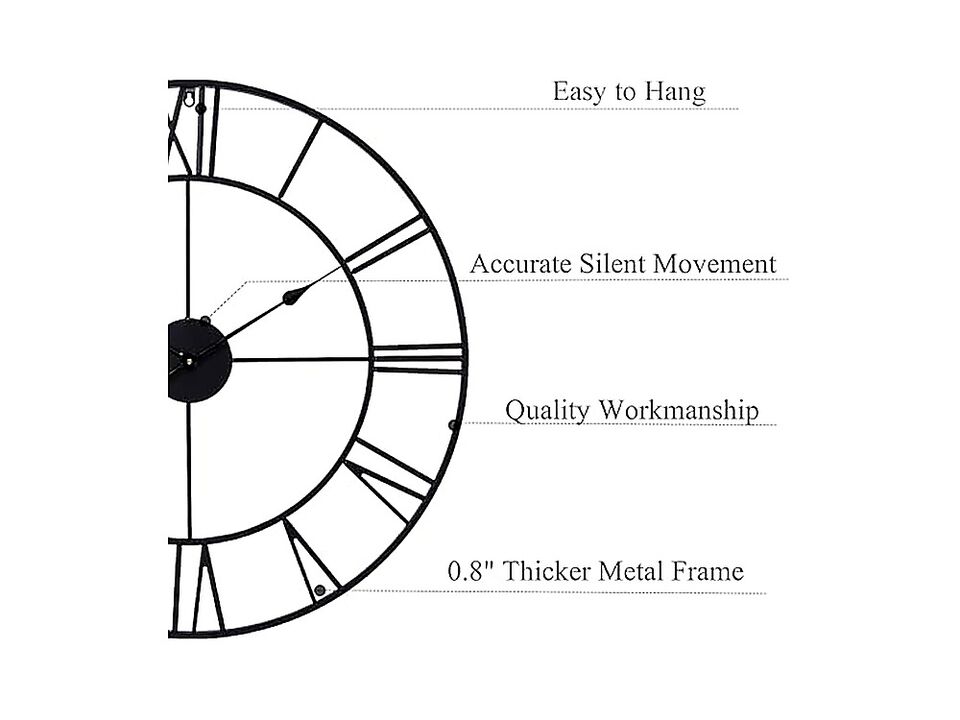 30 Inch Wall Clock Decor Oversized Large Black Metal Roman Numeral Silent Clocks