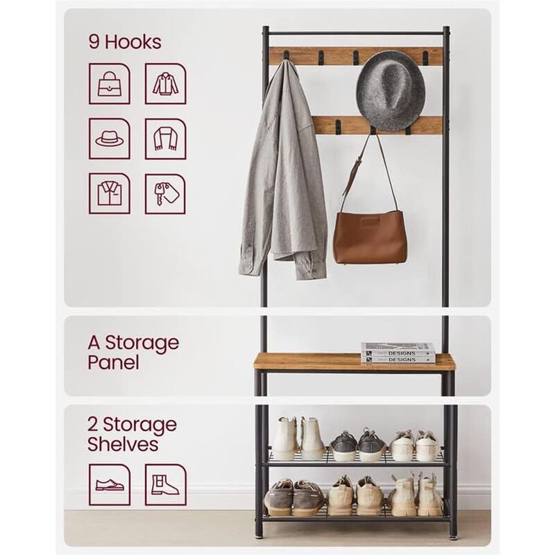 Coat Rack and Shoe Bench with Storage Shelf and Metal Frame
