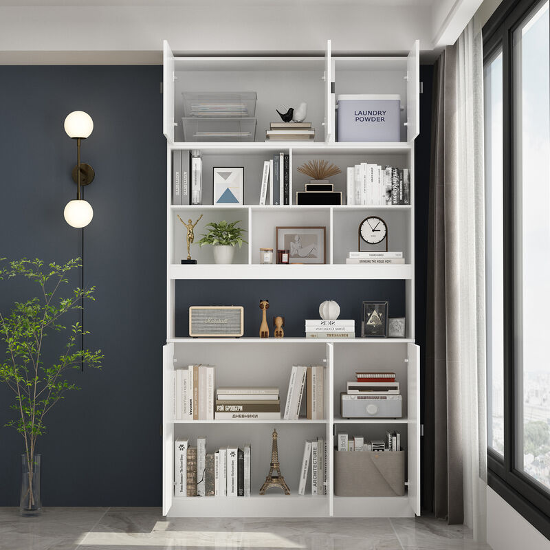 FUFU&GAGA White Storage Cabinet with Glass Doors & Open Shelf, 25mm+15mm+12mm PB Board Construction, Modern Multi-Functional Wardrobe (47.2 x 12.2 x 87.8 in)