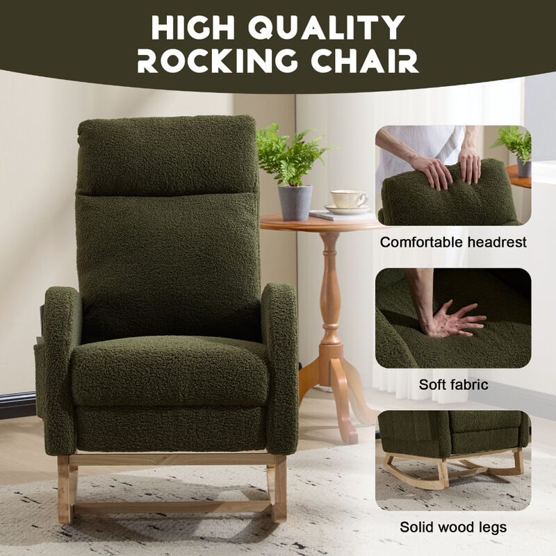 Upholstered Modern Rocking Chair with Solid Wood Legs and Ergonomic High Backrest image number 4