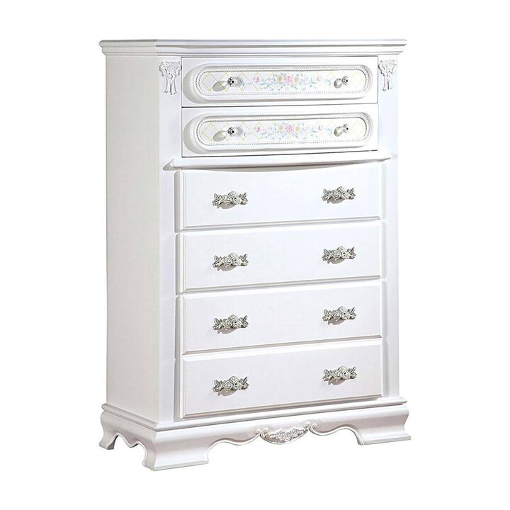 Benjara Auri 52 Inch Tall Dresser Chest, 5 Drawers, Crown Molding, White Wood