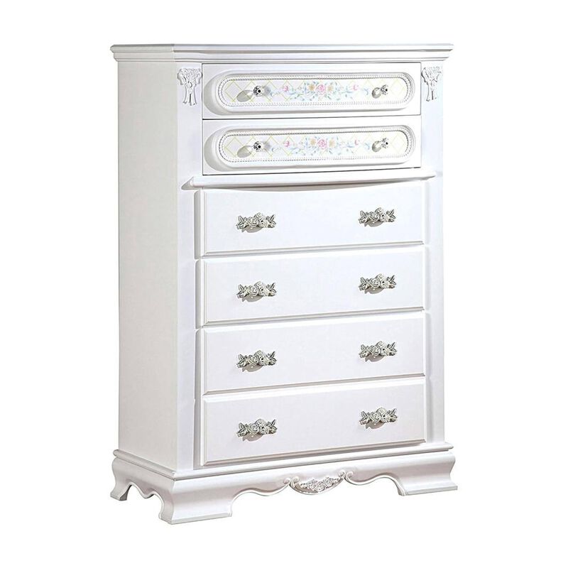 Benjara Auri 52 Inch Tall Dresser Chest, 5 Drawers, Crown Molding, White Wood