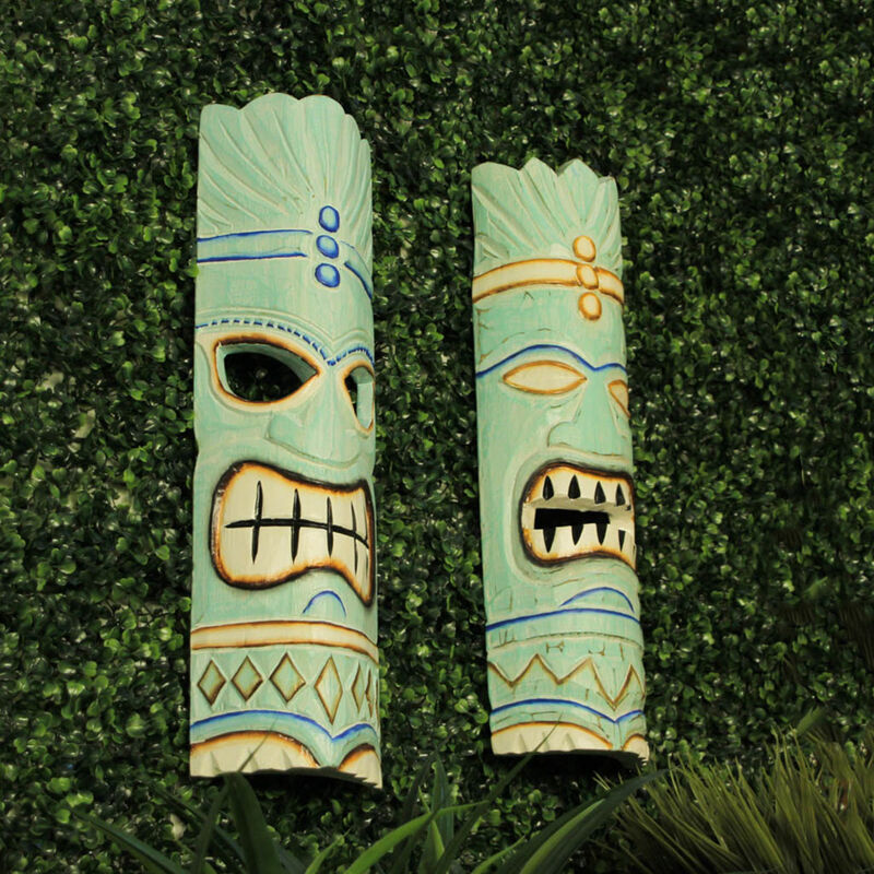 Set of 2 Polynesian Tiki Mask Wall Hangings - 20" - Aqua Blue image number 9