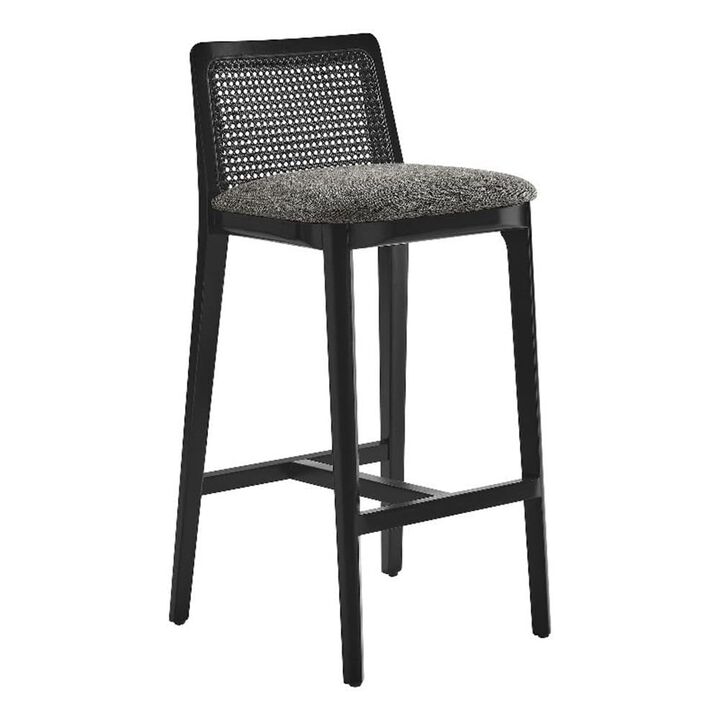 Modway Monarch Wood Bar Stool with Cane Rattan Back and Padded Seat in Black Black Gray