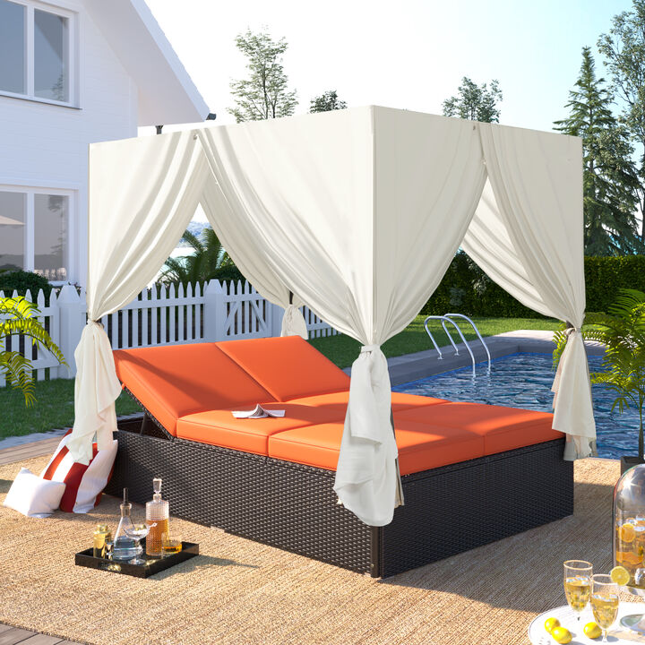 Merax Patio Daybed with 2 Separate Cushions, Adjustable Recline, Curtains for Sun Blocking