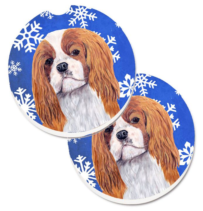 Caroline's Treasures Cavalier Spaniel Winter Snowflakes Holiday Set of 2 Cup Holder Car Coasters SC9394CARC, 2.56, Multicolor