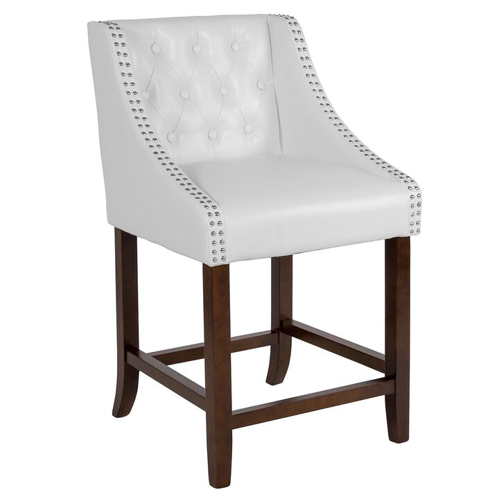 Flash Furniture Carmel Series 24" High Transitional Tufted Walnut Counter Height Stool with Accent Nail Trim in White LeatherSoft