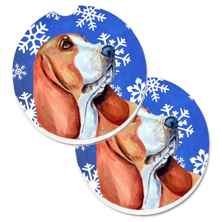 Caroline's Treasures Basset Hound Winter Snowflakes Holiday Set of 2 Cup Holder Car Coasters LH9287CARC, 2.56, Multicolor