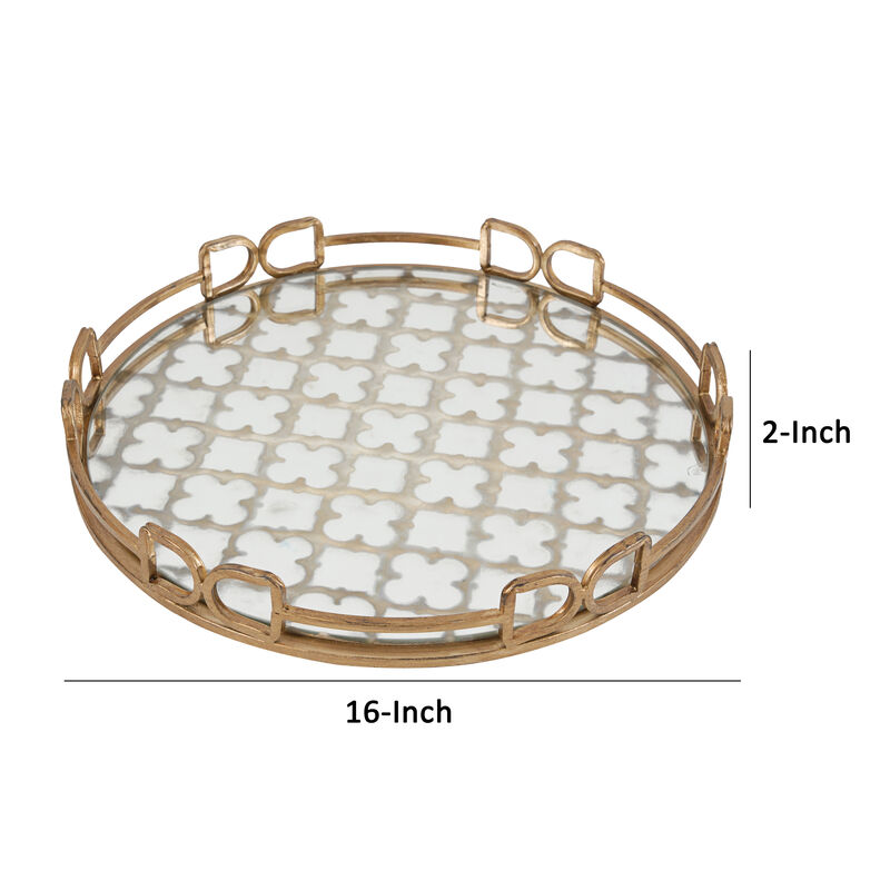 Sui 16 Inch Round Serving Tray, Glass Bottom and Gold Geometric Frame-Benzara
