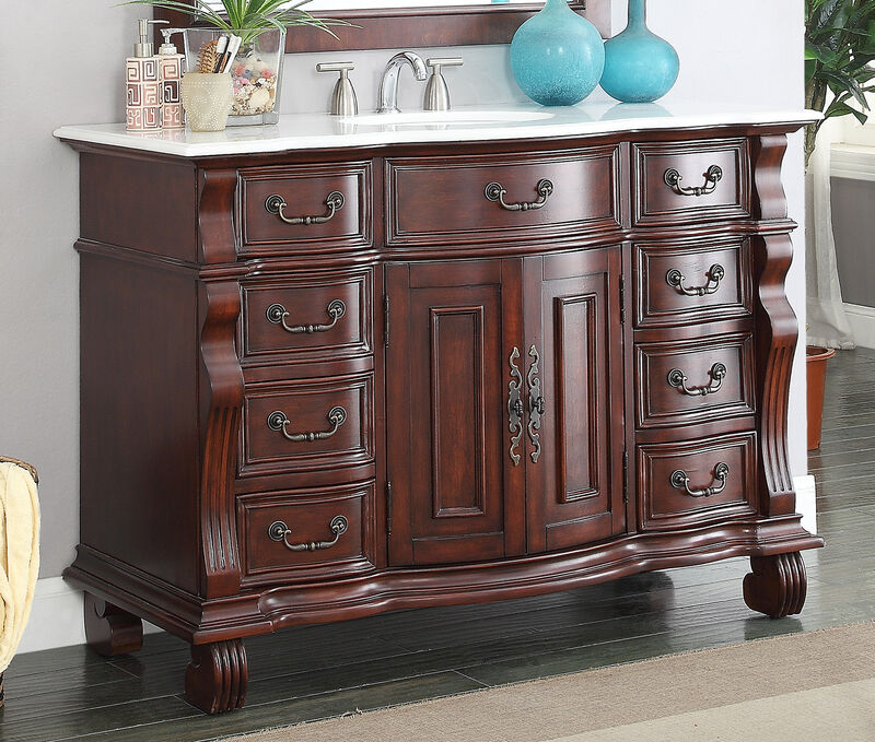 50 inch Antique Style Cherry Wood Hopkinton Bathroom Sink Vanity White Marble Top image number 1