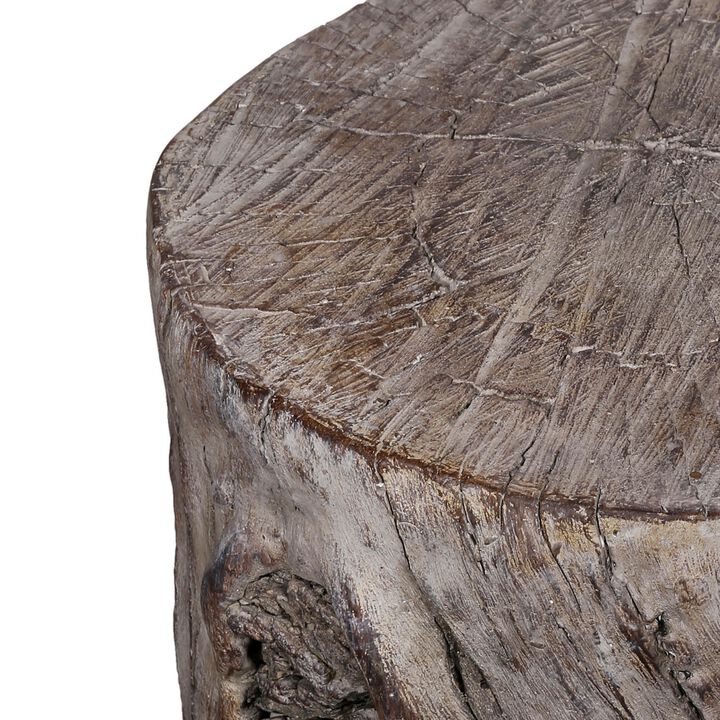 9 Inch Cement Stool Table, Tree Stump Design, Round Top, Classic Brown - Benzara