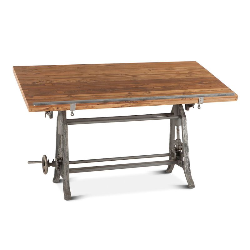 World Interiors Artezia 62-Inch Reclaimed Teak Wood Drafting Desk with Adjustable Crank image number 3