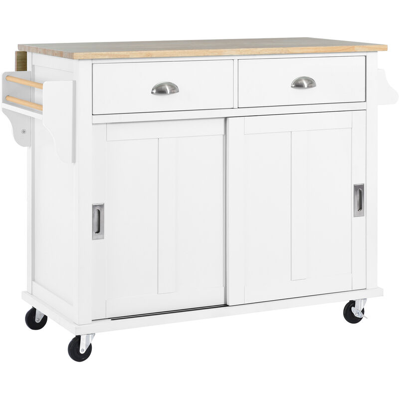 Whisen Modern Kitchen Island with Rubber wood Drop-Leaf Countertop and Storage Cabinet - White