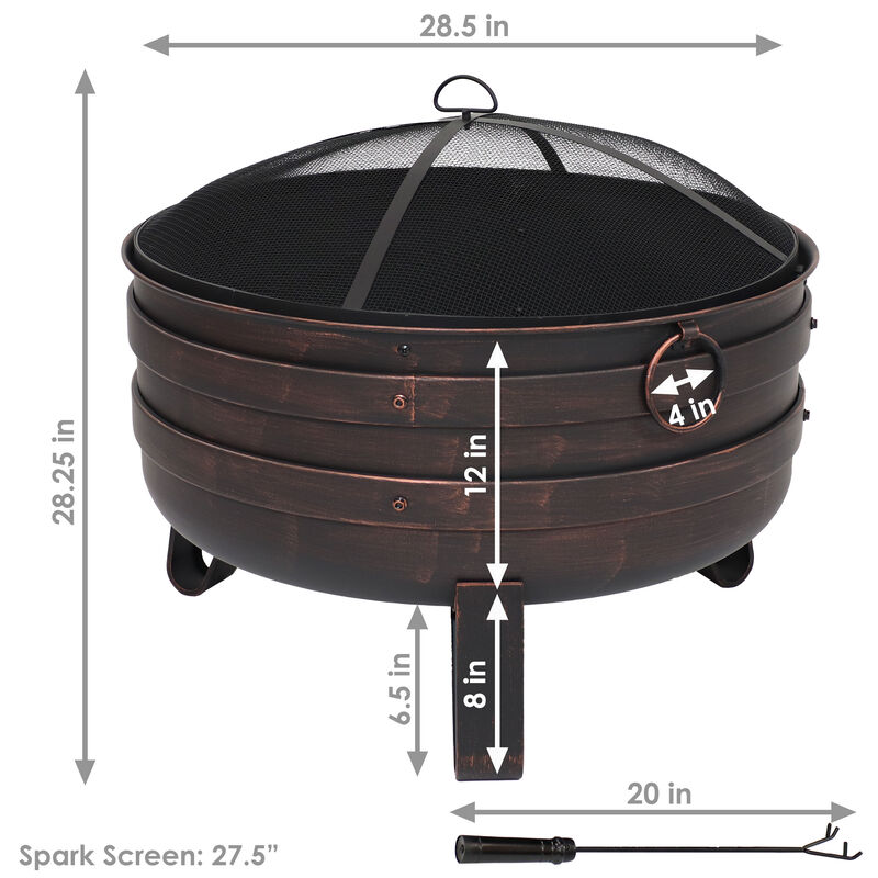 Sunnydaze 24 in Steel Cauldron Fire Pit with Spark Screen and Cover - Bronze