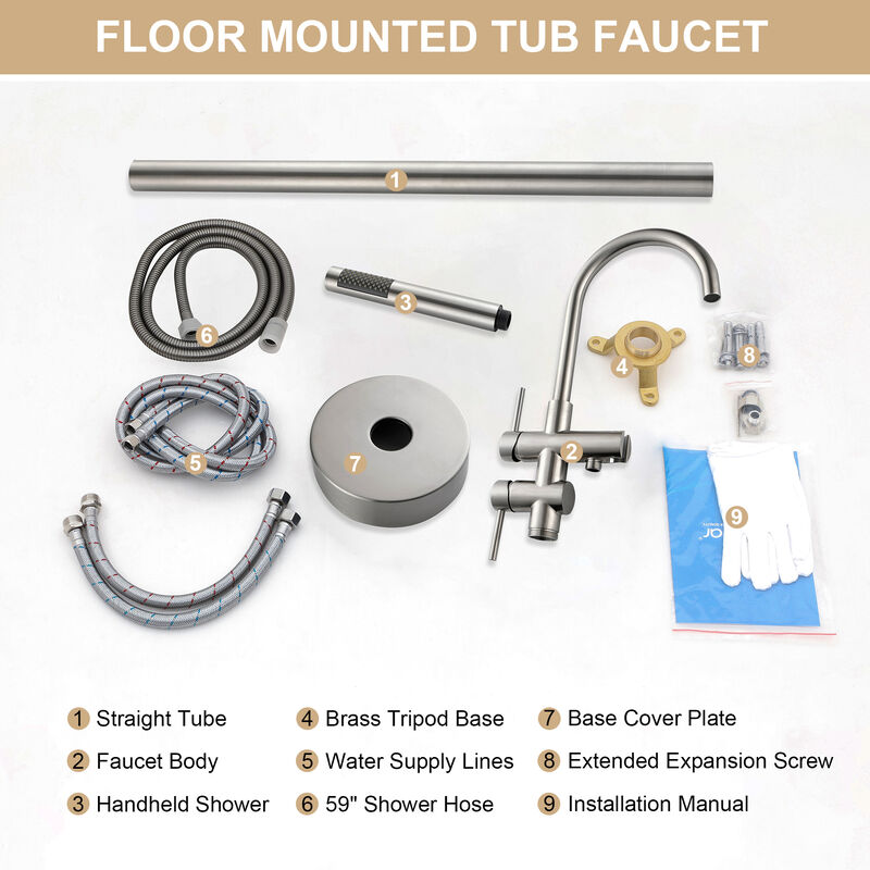 Freestanding Bathtub Faucet Floor Mount Tub Filler Brushed Nickel, Swivel Gooseneck Spout with Cylinder Handheld