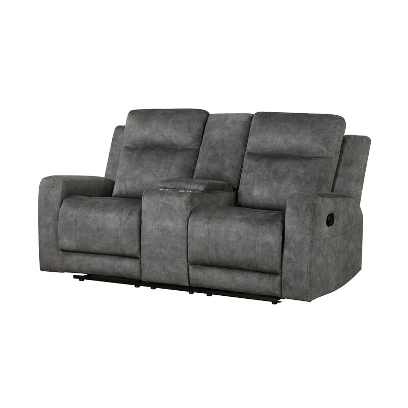 Tesy Manual Recliner Loveseat, Console, Dark Gray Microfiber 71 Inch - Benzara image number 0