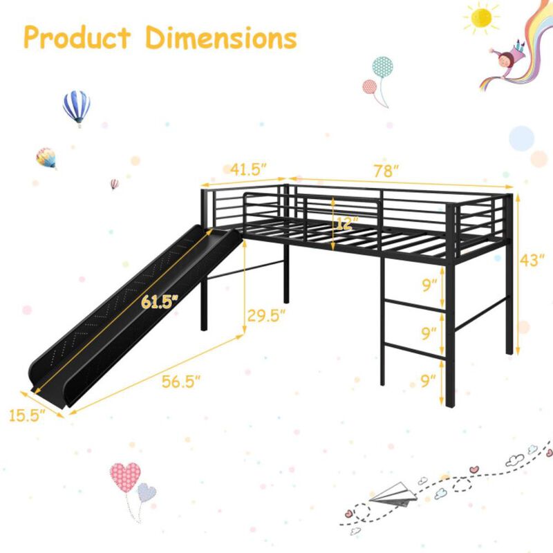 Hivvago Twin Metal Loft Bed with Slide Safety Guardrails and Built-in Ladder