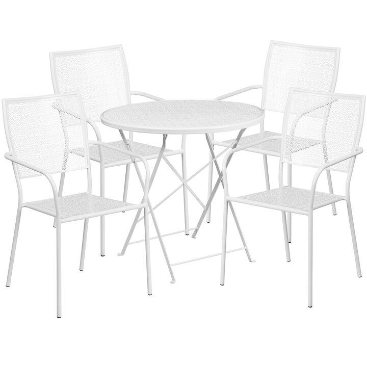 Flash Furniture Oia Commercial Grade 30" Round White Indoor-Outdoor Steel Folding Patio Table Set with 4 Square Back Chairs
