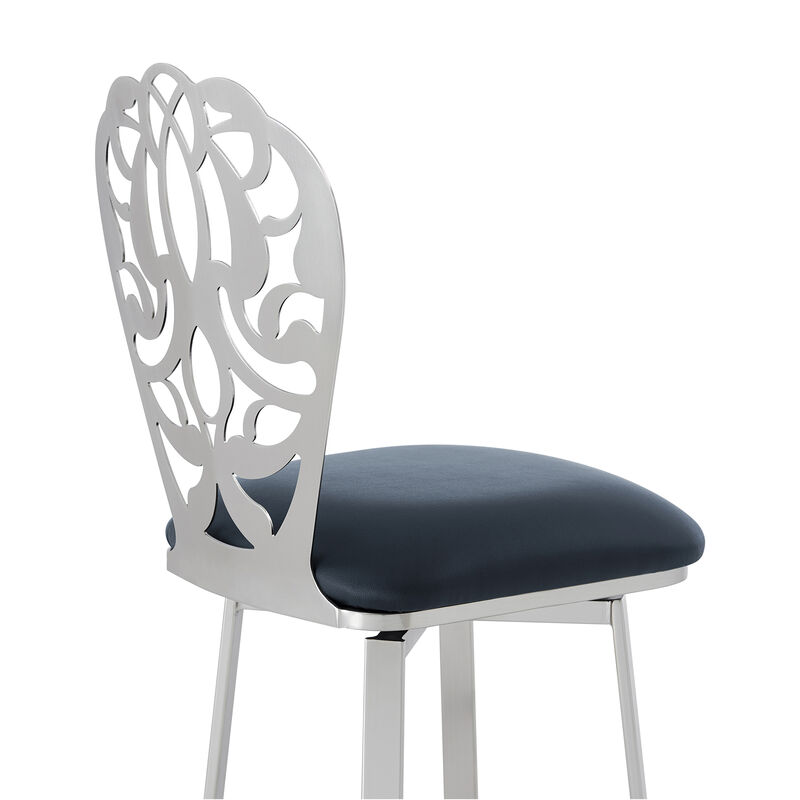 Cherie Contemporary Bar Height Barstool in Brushed Stainless Steel Finish and Black Faux Leather