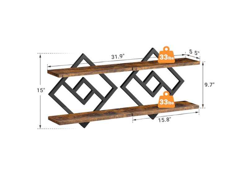 Set of 2 Floating Wall Shelves 2-Tier Storage for Books & Decor Rustic Brown image number 2