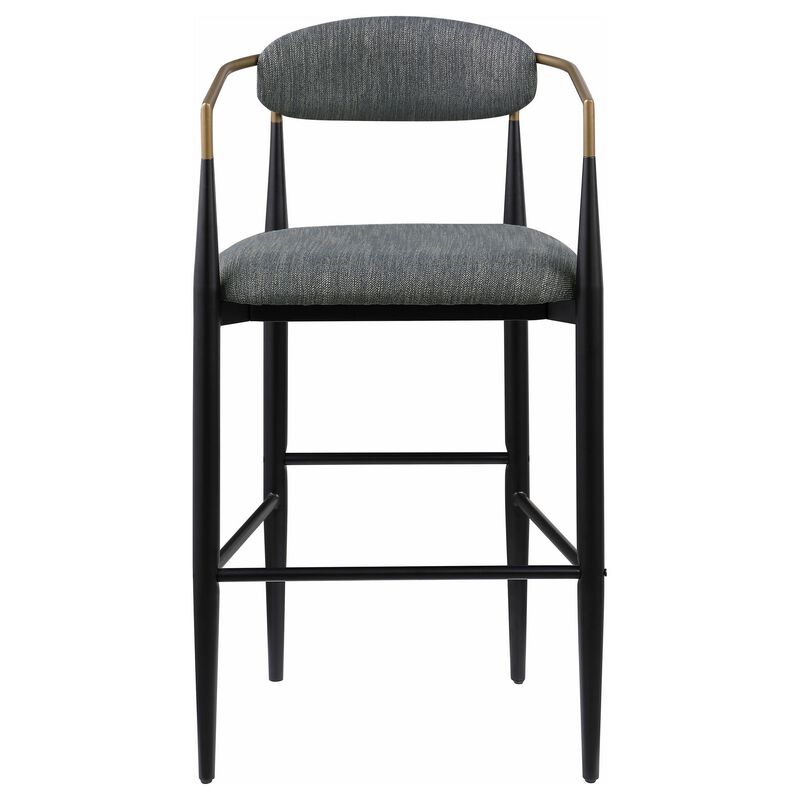 Tiara Bar Chair Set of 2, Gray Fabric, Gold, Black Metal 30 Inch - Benzara