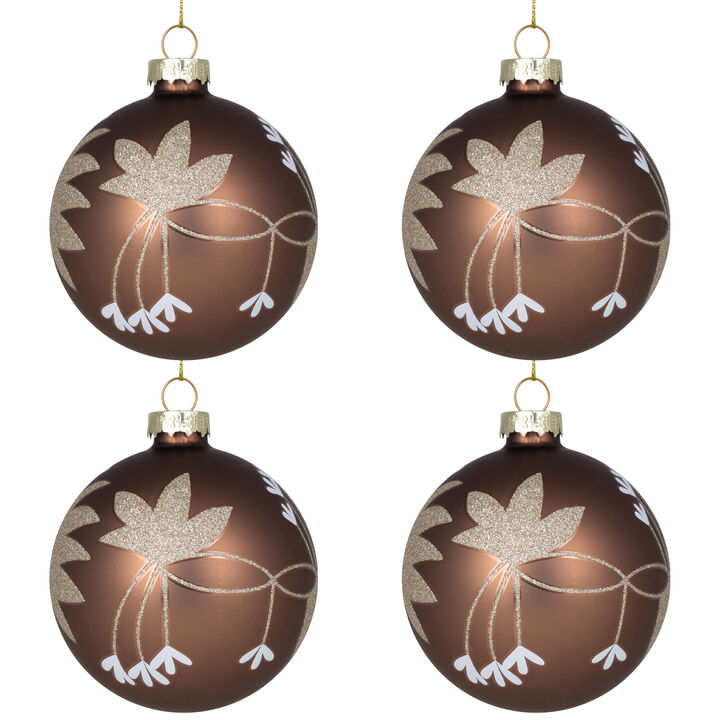 Glittered Flower Vine Glass Christmas Ball Ornaments - 3" (75mm) - Bronze - 4ct