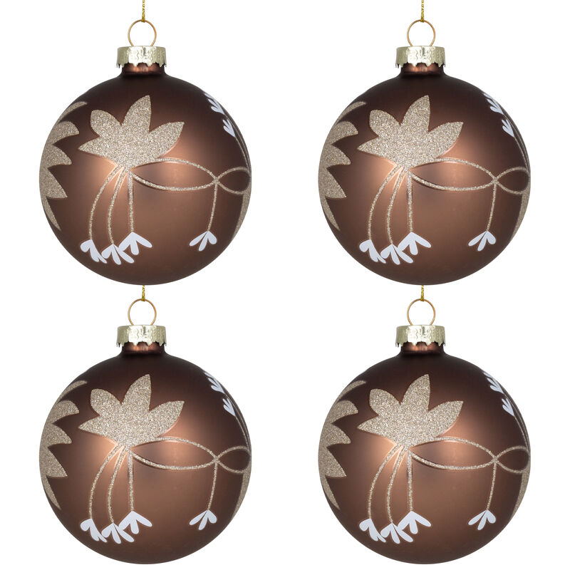 Glittered Flower Vine Glass Christmas Ball Ornaments - 3" (75mm) - Bronze - 4ct image number 1