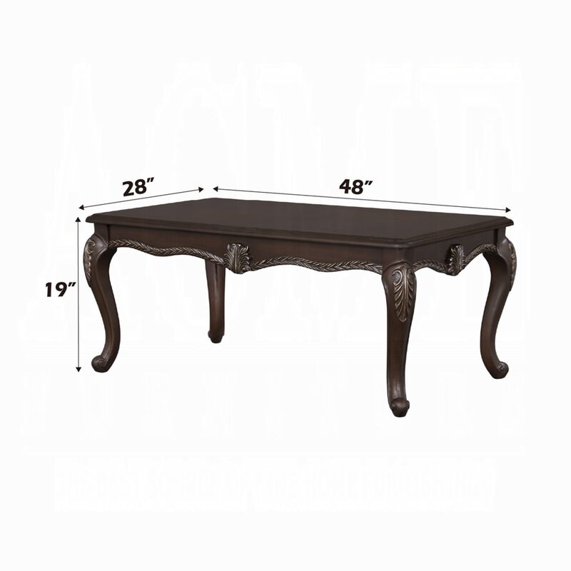 Reese Coffee Table, European Carved Classic Cherry Brown Wood, 48 Inch