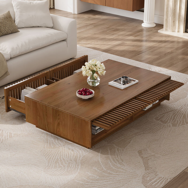 Whisen 47" Mid-Century Modern Solid Wood Coffee Table with Slatted Storage Drawers, Low Profile Rectangular Center Table for Living Room image number 4
