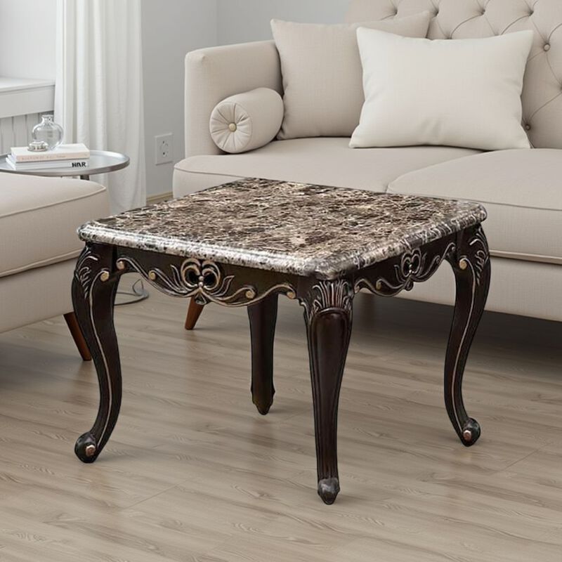 Ery End Table, Dark Walnut Brown Wood, Carved Details, 28 Inch