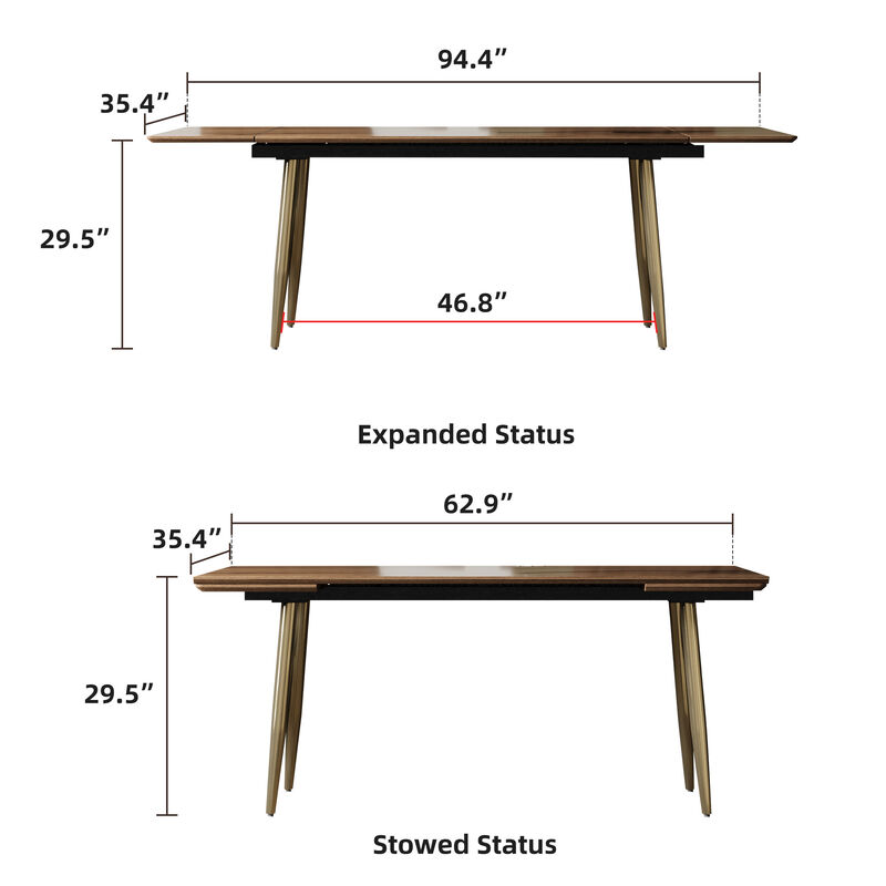 Extendable Dining Table, Seats 6-10, 62.9-94.4" Walnut