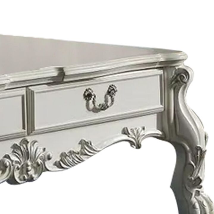 Benjara Ally 57 Inch Coffee Table, Aspen Wood, Classic Ornate Scrollwork, White and Silver